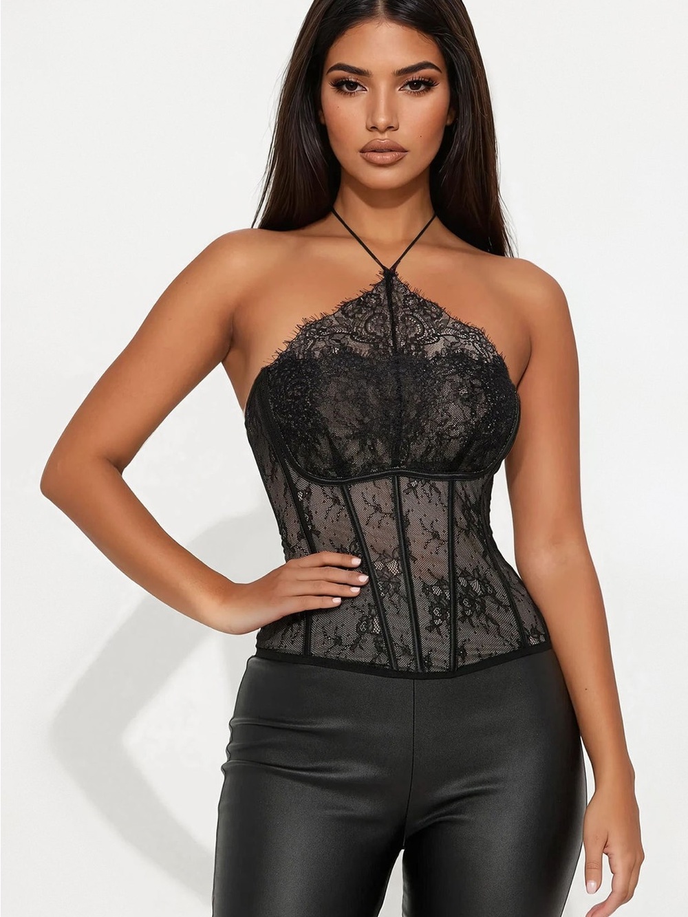 Black Lace Halter Corset Top - Women